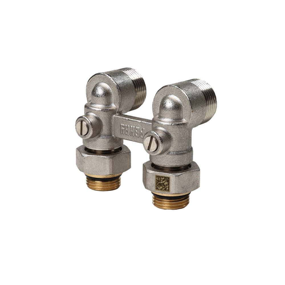 Блок шаровых кранов с соединительным ниппелем Рехау, угловой, G 1/2" x G 3/4" (12407373001)